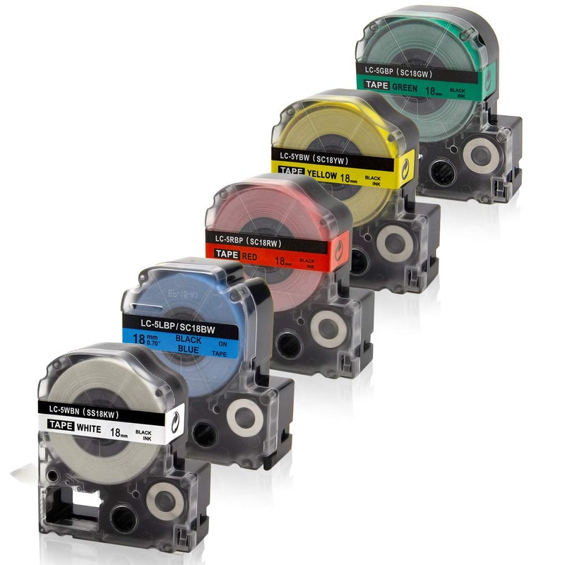 Absonic 5-Pack Compatible Label Tape Replacement for LK-5WBN LC-5WBN9 LK-5LBP LK-5RBP LK-5YBW LK-5GBP 18mm Label Tape Work for LabelWorks LW-500 LW-600P LW-700 LW-900P LW-1000P, 3/4" x 26' - Image 1